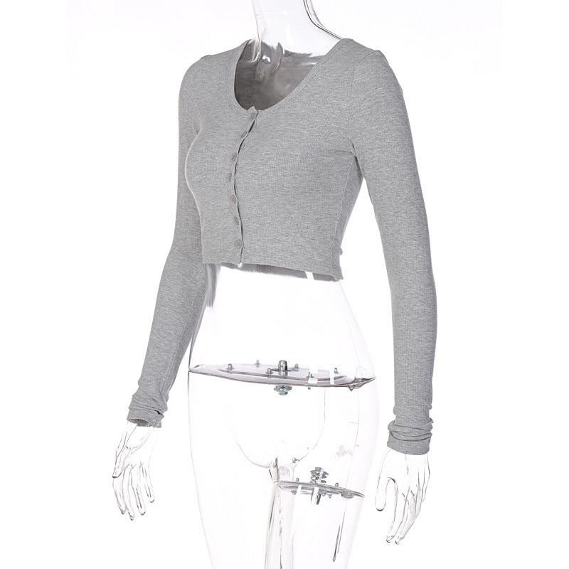 Women's Ribbed Button Front Crop Top Long Sleeve Fitted