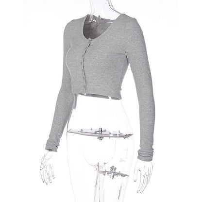 Women's Ribbed Button Front Crop Top Long Sleeve Fitted