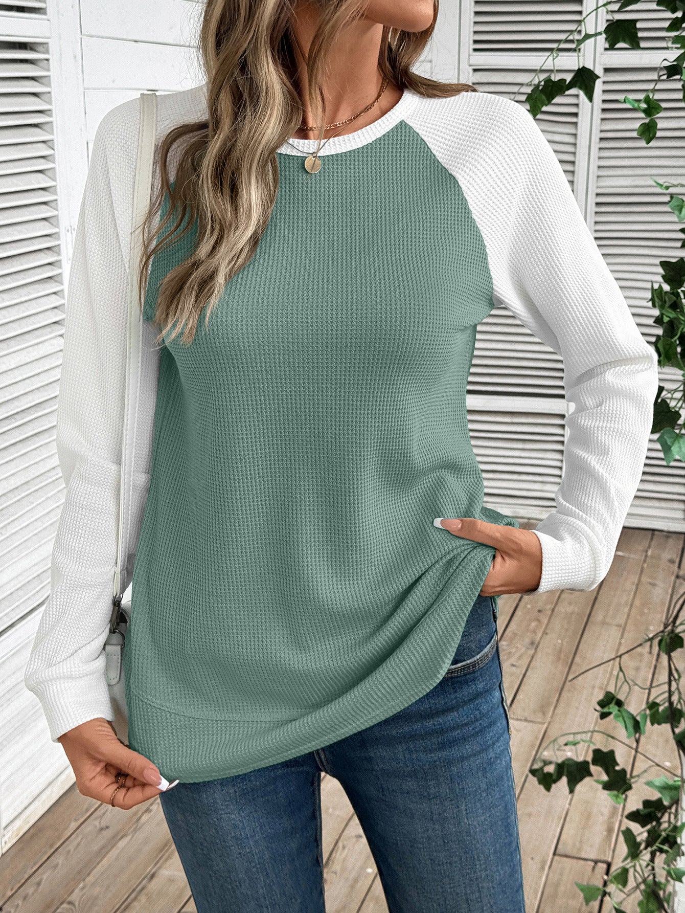 Colorblock Waffle Knit Long Sleeve Top Women Casual Tee