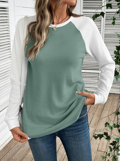 Colorblock Waffle Knit Long Sleeve Top Women Casual Tee