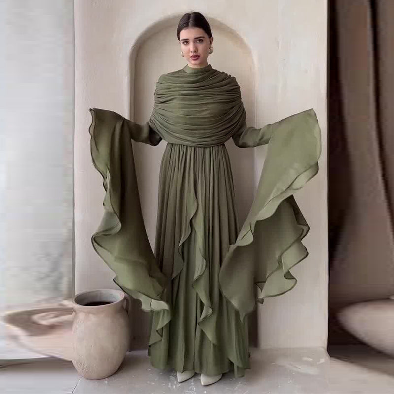 Women's Elegant Pleated Long Sleeve Maxi Dress