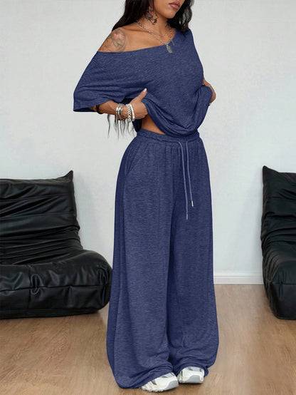 Women Off Shoulder Wide Leg Pants Casual Two Piece Set