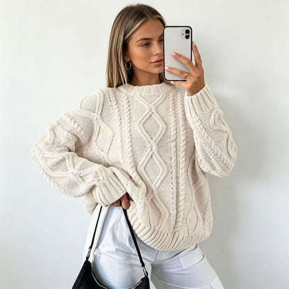 Womens Oversized Cable Knit Crew Neck Pullover Sweater