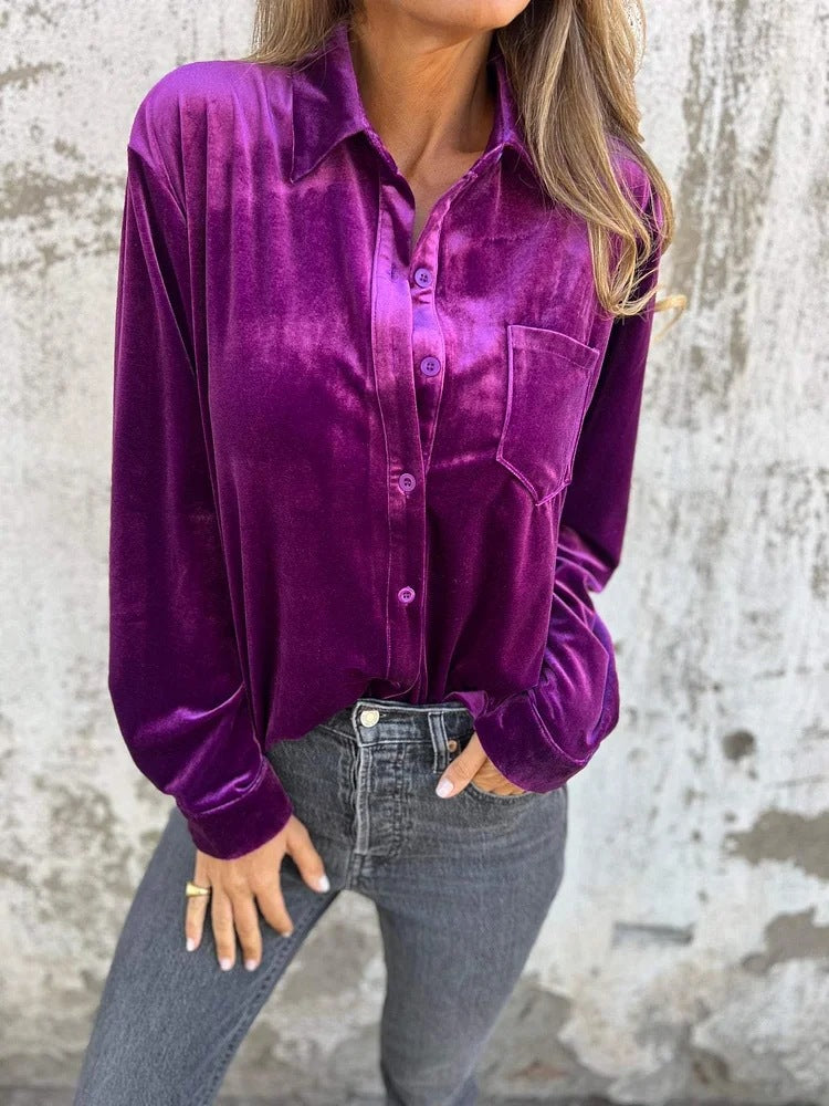 Women's Velvet Button Down Shirt Long Sleeve