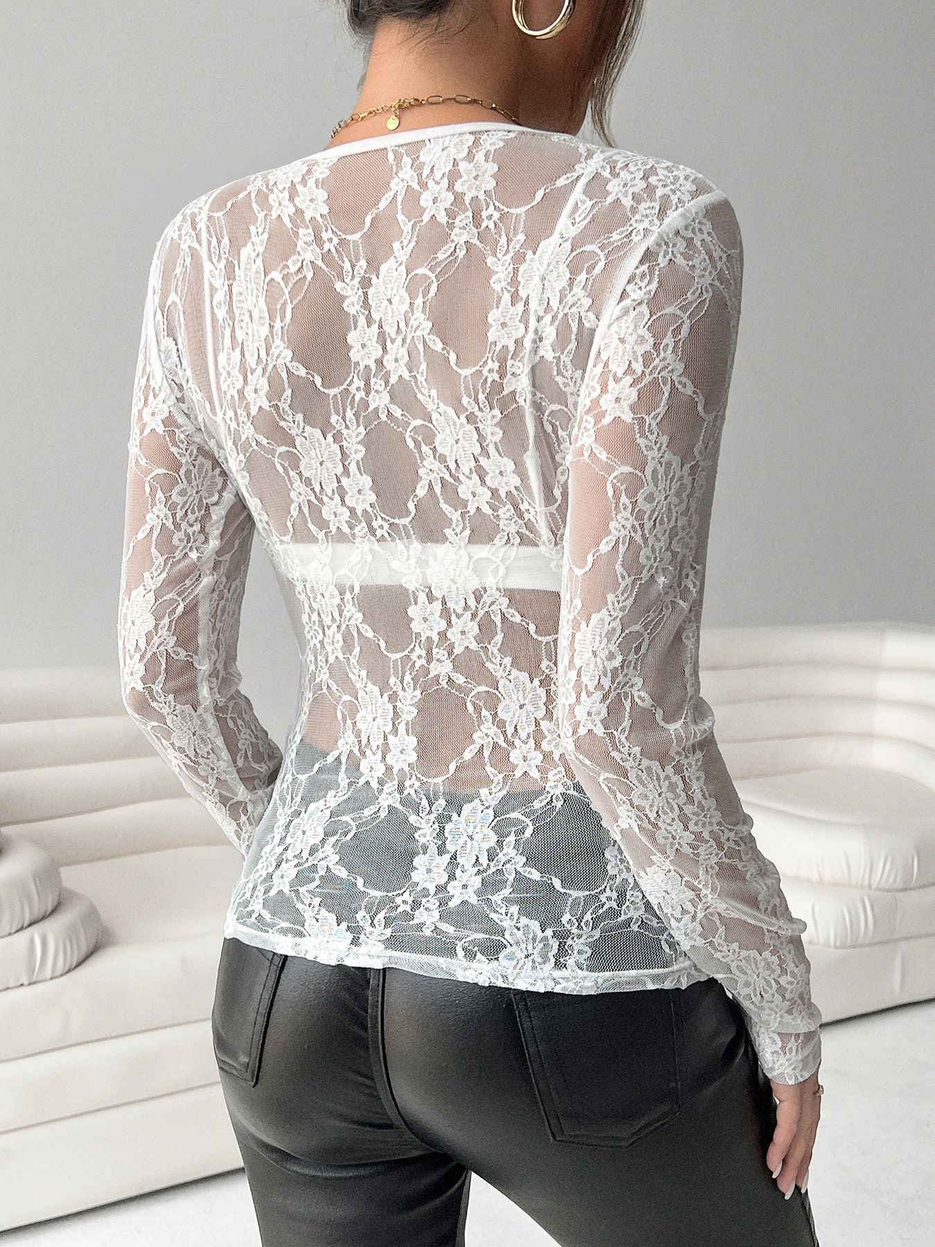 Sheer Floral Lace Long Sleeve Slim Fit Mesh Top
