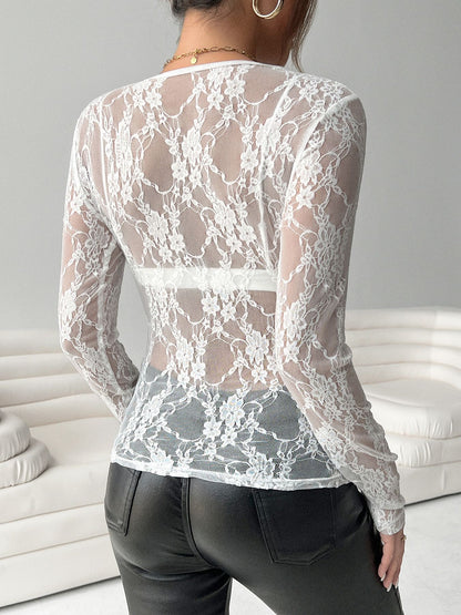 Sheer Floral Lace Long Sleeve Slim Fit Mesh Top