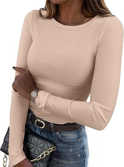 Women's Ribbed Long Sleeve Crew Neck Fitted Tee