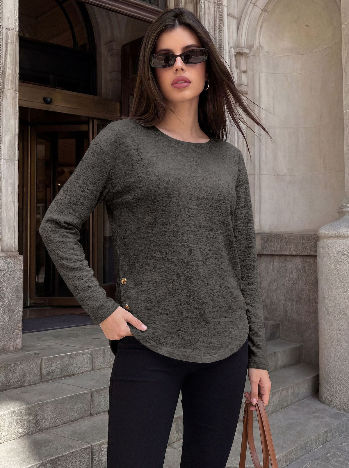 Women's Oversized Side Button Long Sleeve Tunic Top