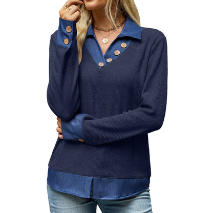 Women's Color Block Denim Collar Layered Sweatshirt