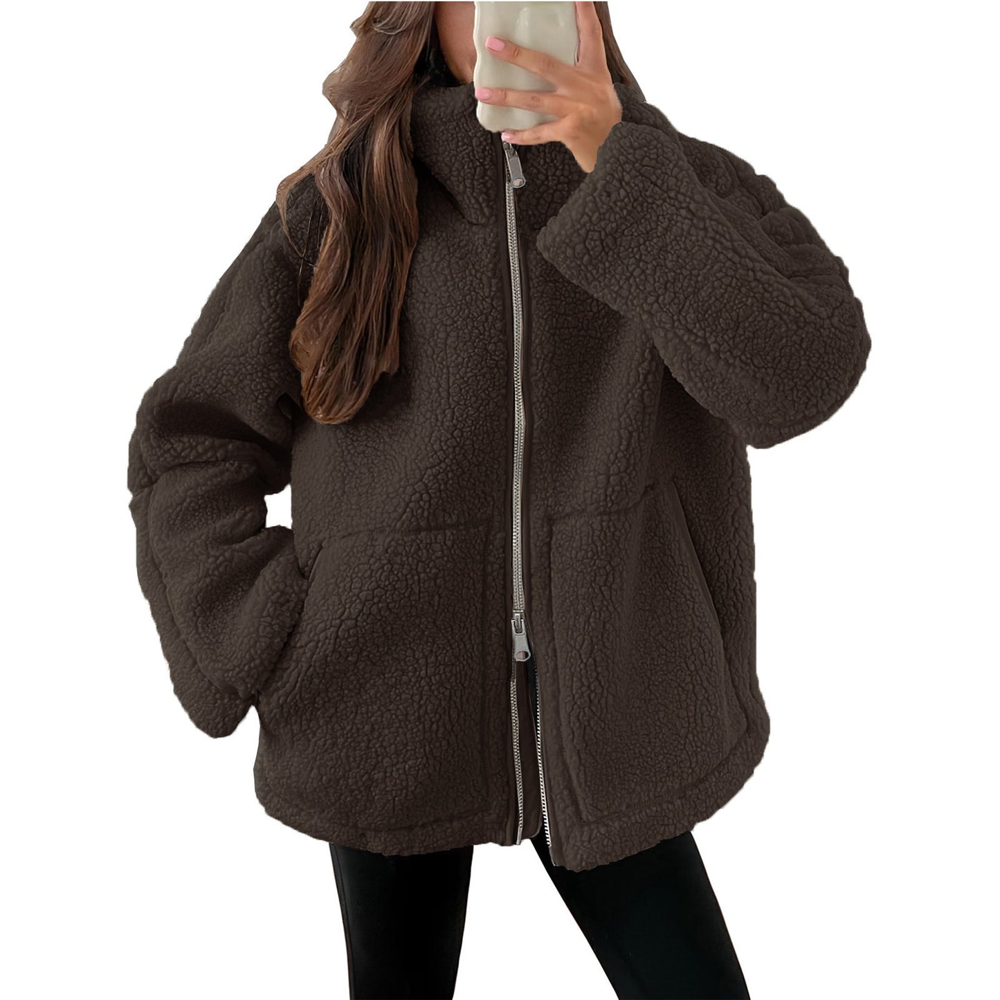 Women's Sherpa Fleece Zip Jacket Oversized Cozy Coat