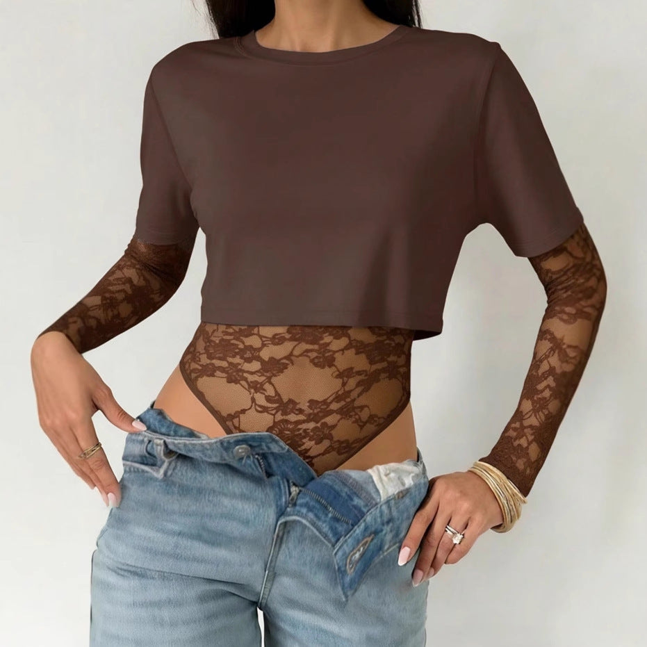 Lace Patchwork Bodysuit Top Women Sexy Crop Tee Shirt