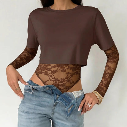 Lace Patchwork Bodysuit Top Women Sexy Crop Tee Shirt