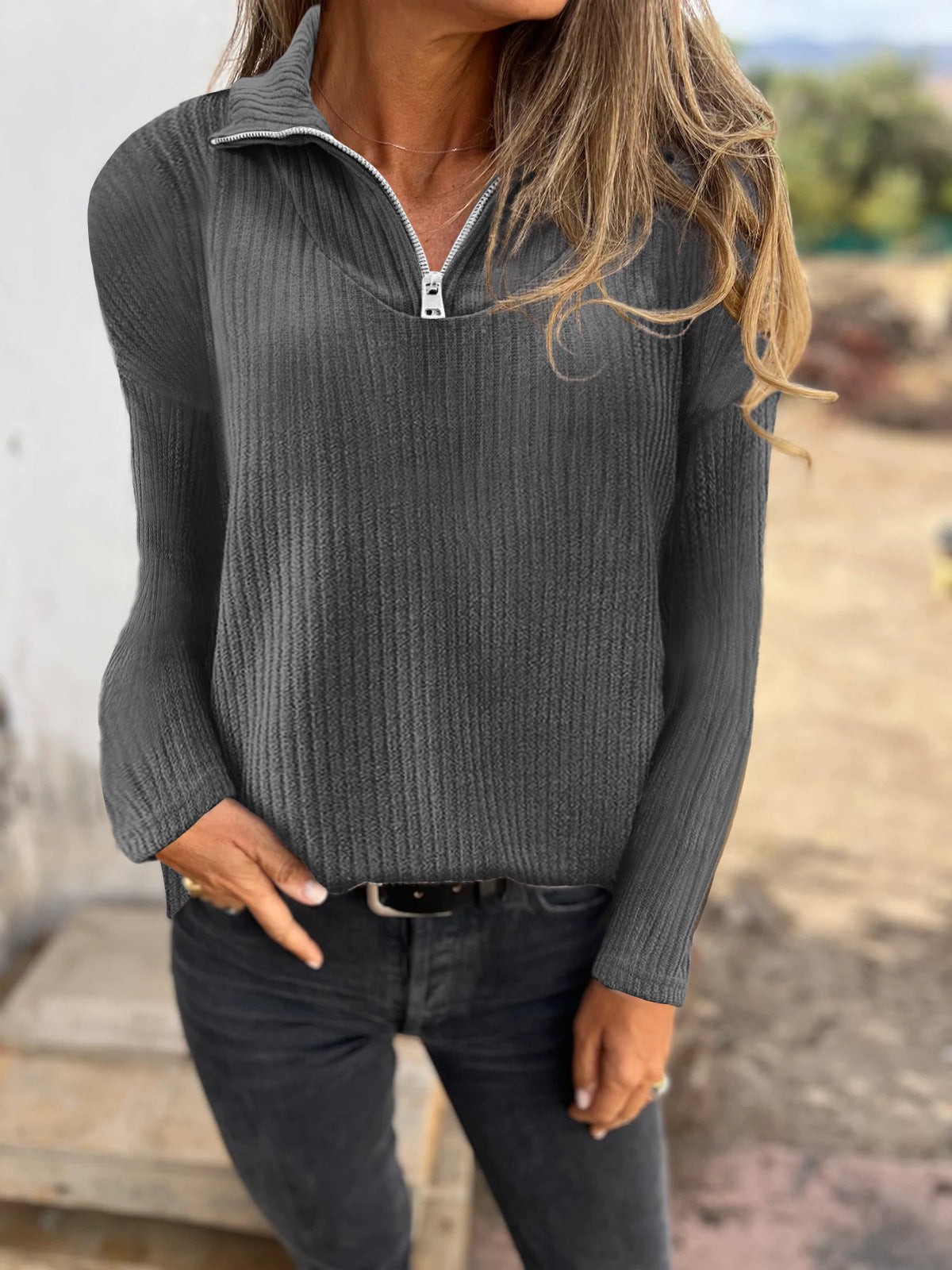 Women's Ribbed Quarter Zip Pullover Sweater Long Sleeve