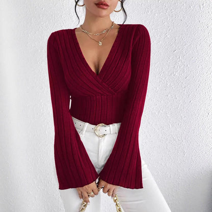 Women's Ribbed V Neck Flare Sleeve Fitted Top