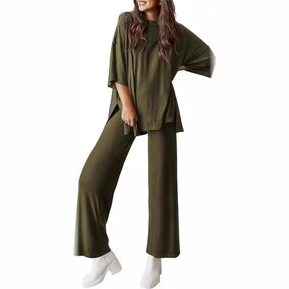 Women's 2 Piece Lounge Set Short Sleeve Top Wide Leg Pants
