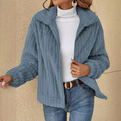 Women's Ribbed Sherpa Zip Up Jacket Collar Cropped