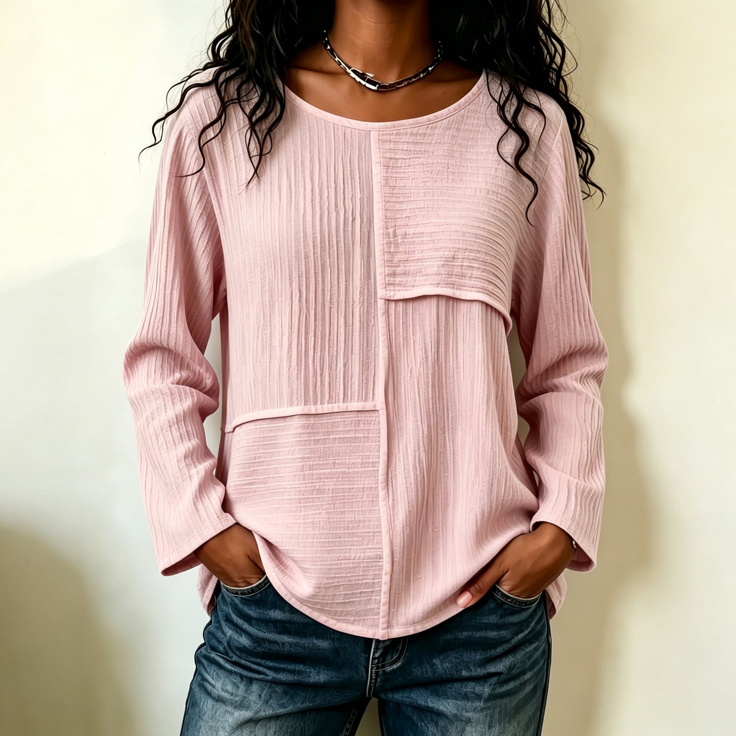 Women's Oversized Patchwork Crew Neck Long Sleeve Top