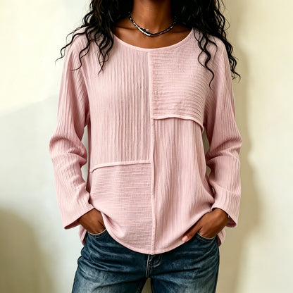 Women's Oversized Patchwork Crew Neck Long Sleeve Top