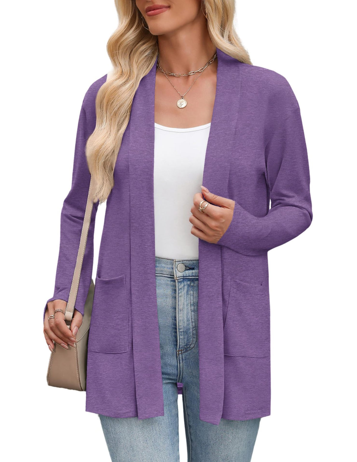 Women's Open Front Lightweight Cardigan Long Sleeve Pockets
