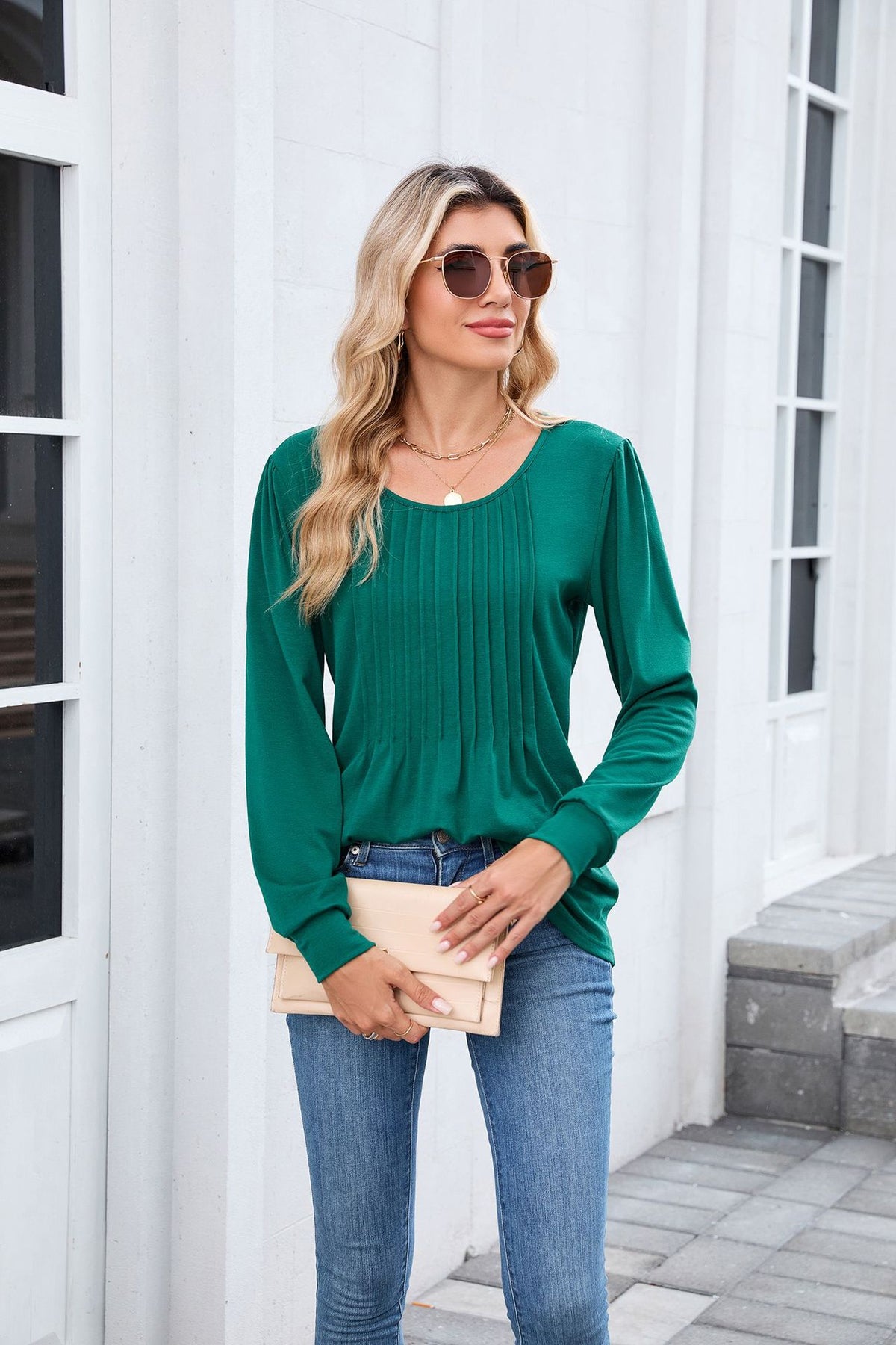 Women's Long Sleeve Pleated Tunic Top Loose Casual Blouse