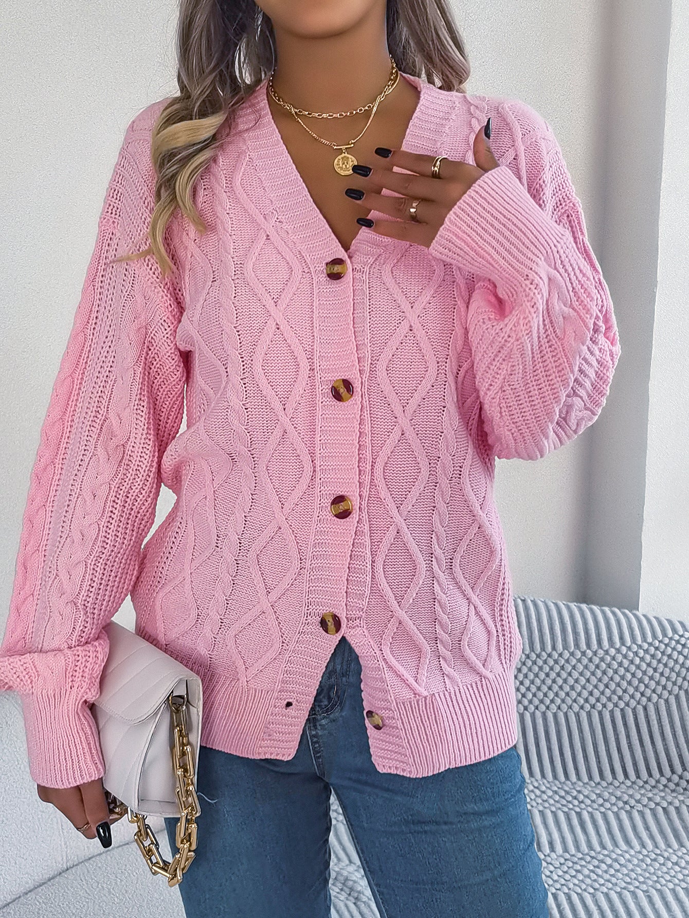 Fall Winter Cable Knit V Neck Lantern Sleeve Cardigan