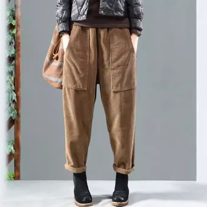 Women Corduroy Harem Pants High Waist Loose Pockets