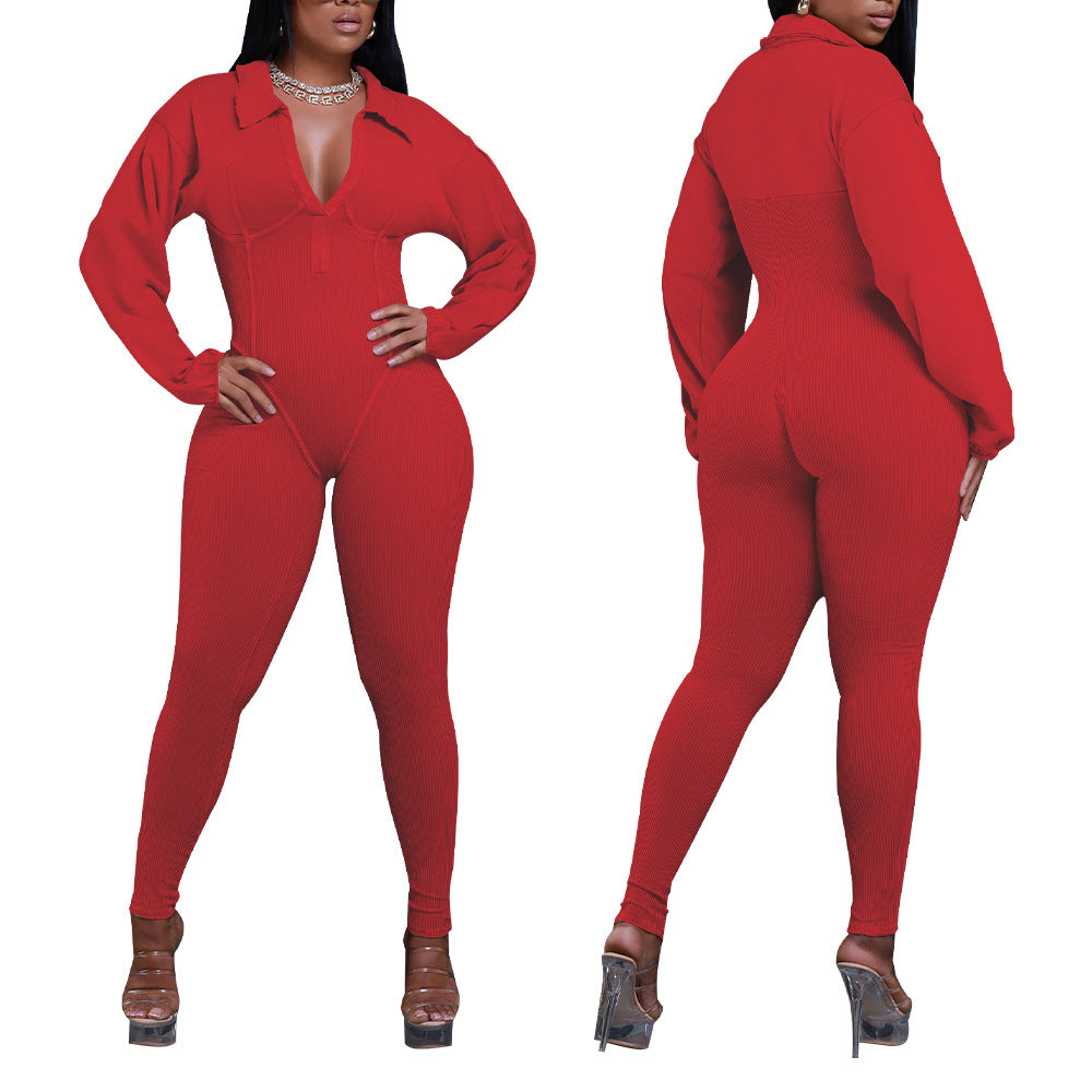 Sexy Ribbed Long Sleeve Zip Up Bodycon Jumpsuit