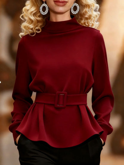 Women's Belted Fleece Peplum Mock Neck Pullover