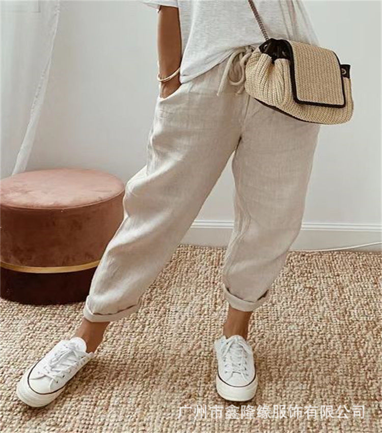 Women's Linen Blend Loose Fit Ankle Pants with Pockets