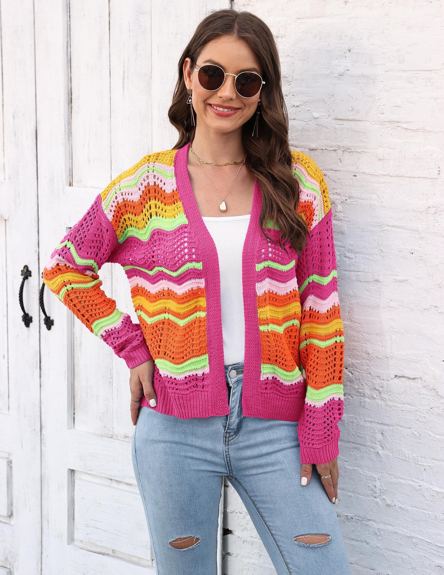 Women's Rainbow Patchwork Striped Sweater Jacket