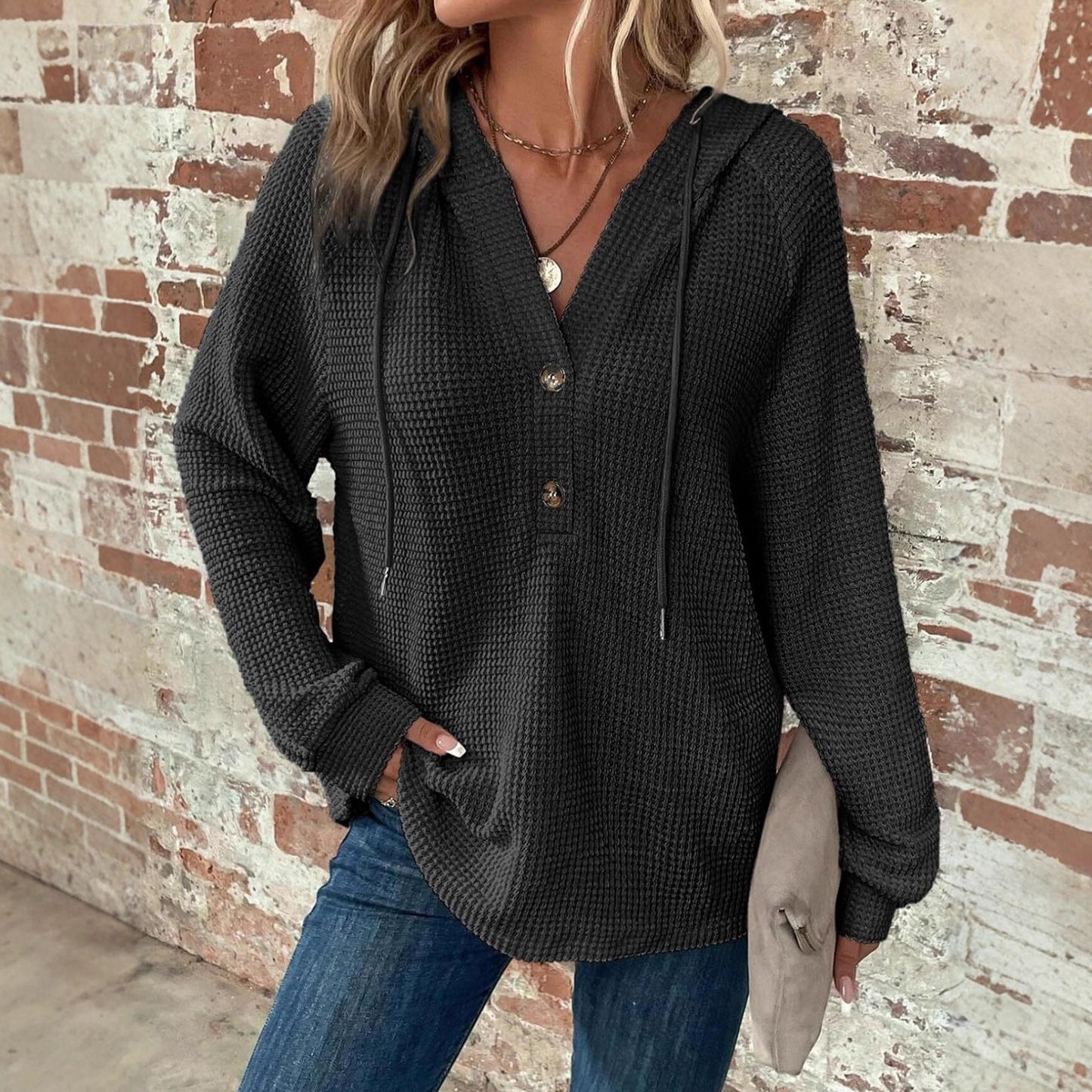 Women's Oversized Waffle Knit Hoodie V Neck Button Pullover