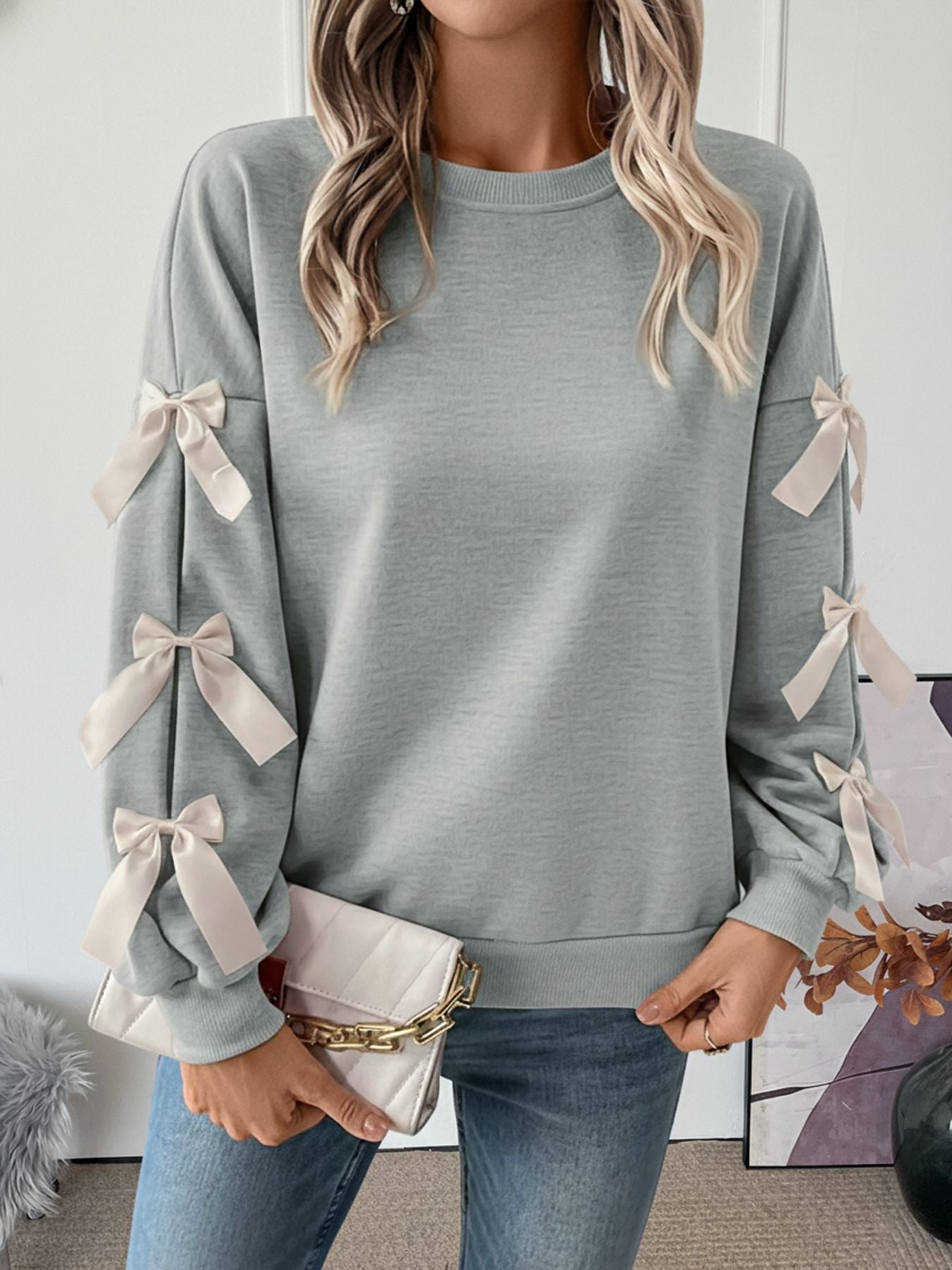 Bow Sleeve Round Neck Long Sleeve Sweatshirt
