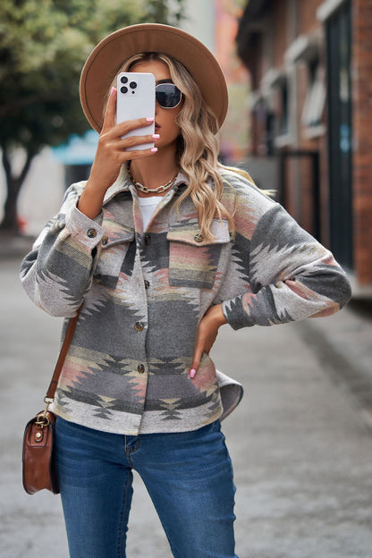 Women's Aztec Shacket Oversized Button Front Jacket