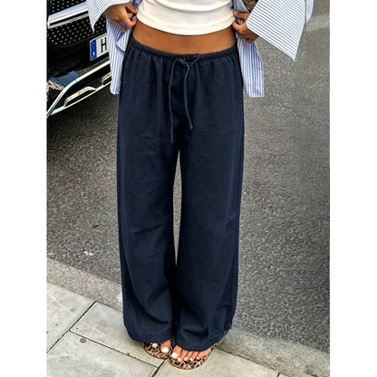 Women Wide Leg Pants Drawstring Elastic Waist Pockets