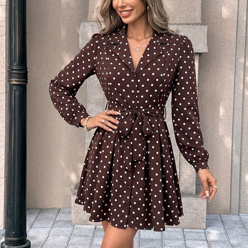 Polka Dot Shirt Dress Belted Mini Long Sleeve