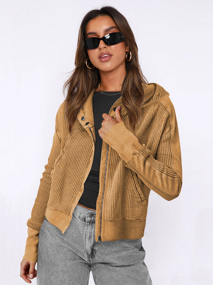 Hooded Zipper Sweater, Spliced Lazy Style Knitted Jacket