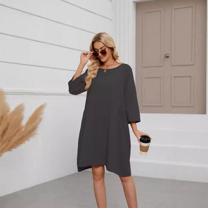 Women's Cotton Linen A-Line Midi Dress Casual with Pockets