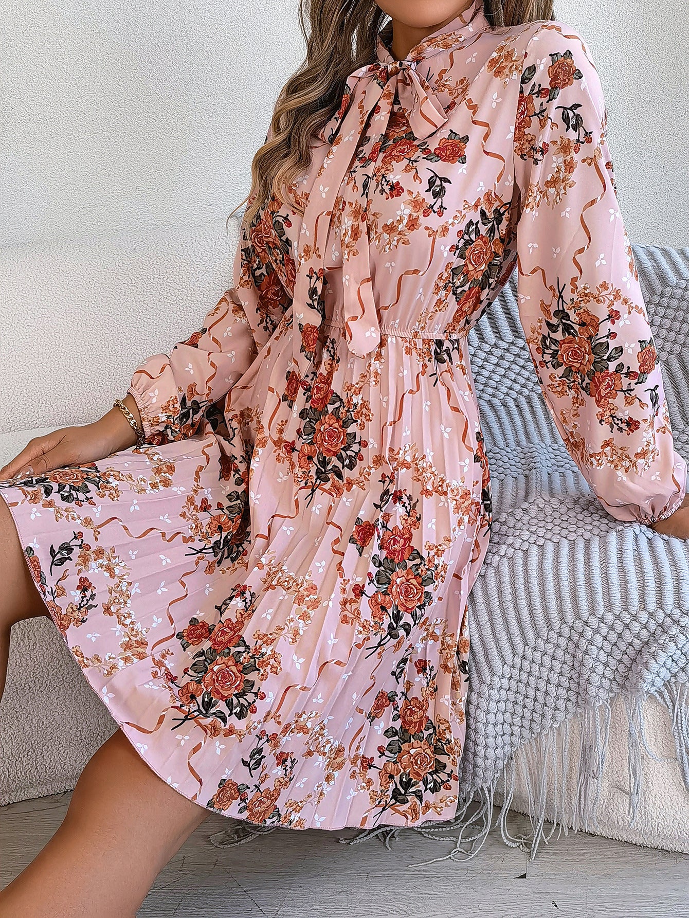 Floral Tie Neck Long Sleeve Pleated Midi Dress