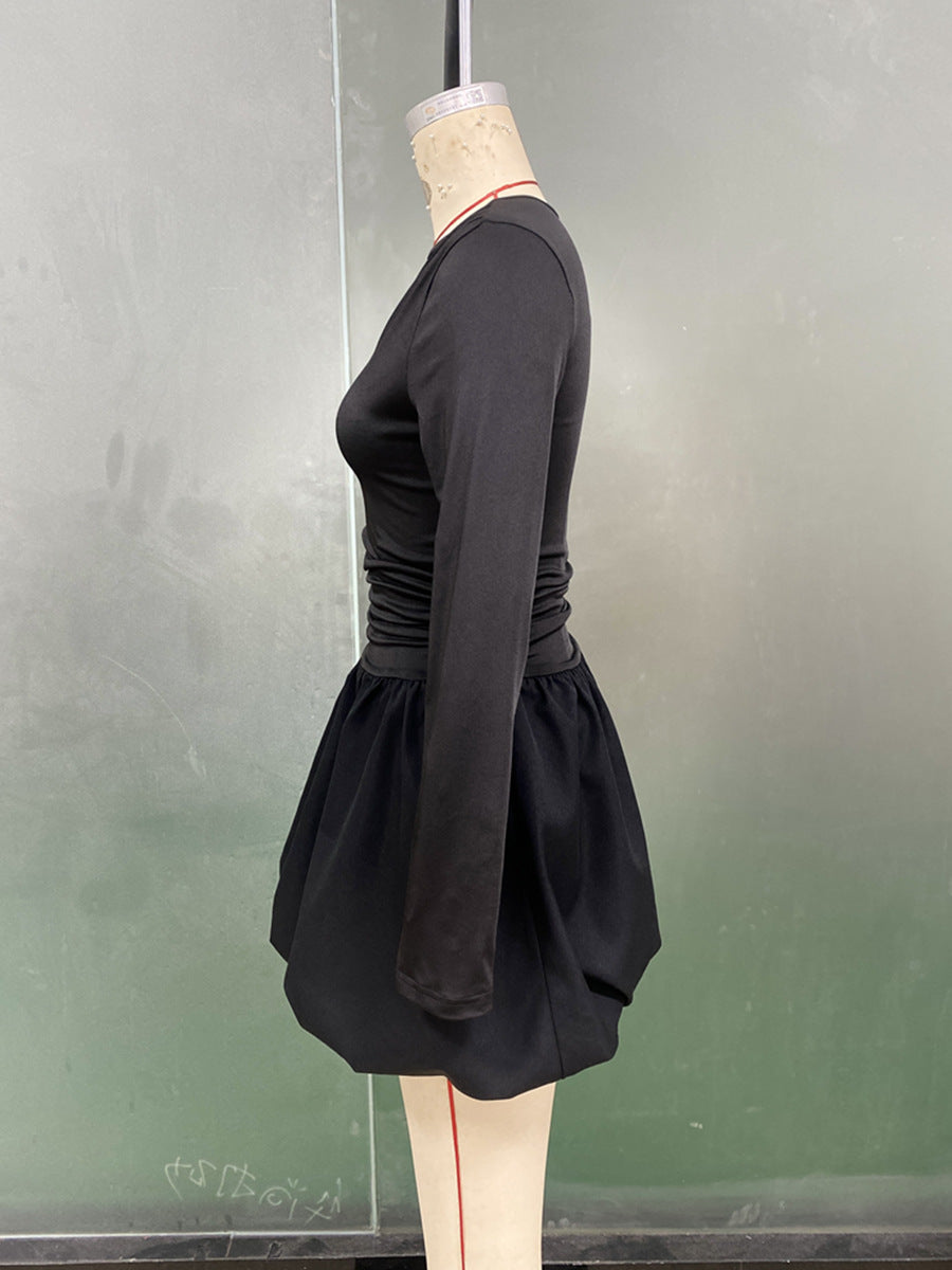 Long Sleeve Fitted Bubble Dress Ruched Waist Mini