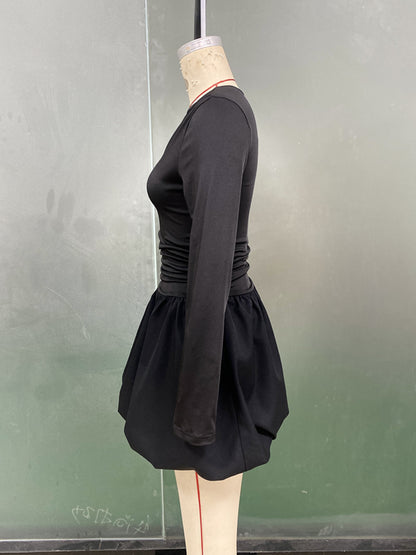 Long Sleeve Fitted Bubble Dress Ruched Waist Mini