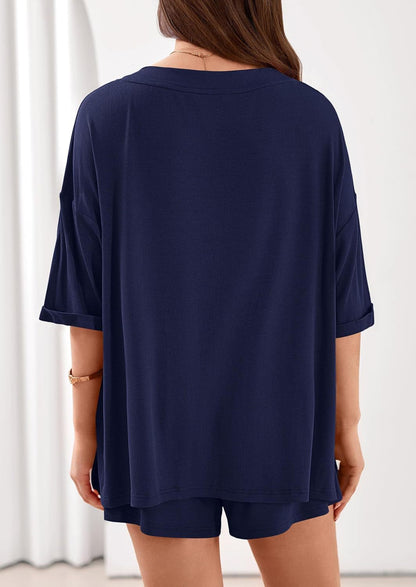 Ribbed V Neck Lounge Set Oversized Top Shorts Set