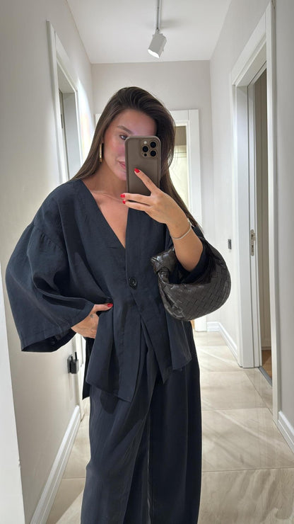 Oversized V-Neck Button Top & Wide Leg Pants Matching Set