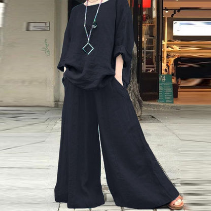 Linen Blend Two Piece Set with Wide Leg Pants