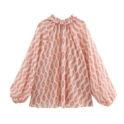 Women's Paisley Balloon Sleeve Tie Neck Blouse