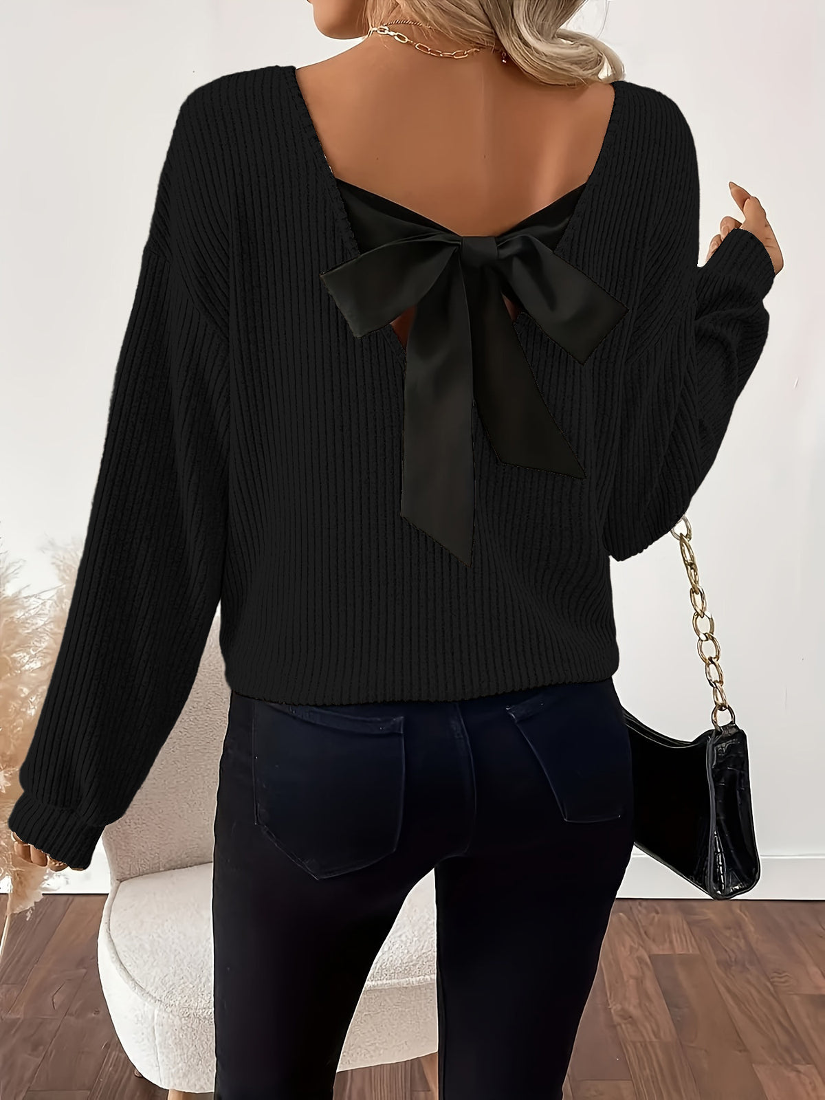 Women's V-Neck Bow Back Ribbed Long Sleeve Loose Fit Top