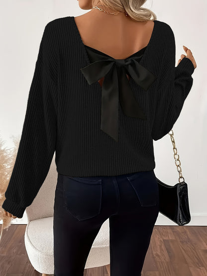 Women's V-Neck Bow Back Ribbed Long Sleeve Loose Fit Top
