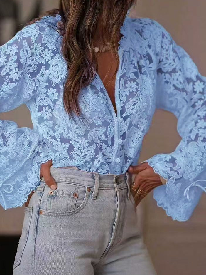 Women's Sheer Floral Lace Blouse Puff Sleeve Button Front