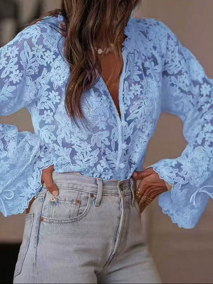 Women's Sheer Floral Lace Blouse Puff Sleeve Button Front