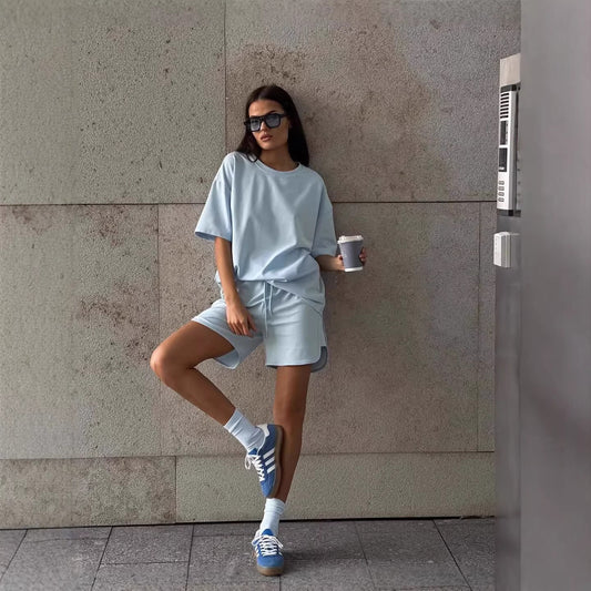 Cotton Two Piece Set T Shirt Shorts Casual Lounge Outfit