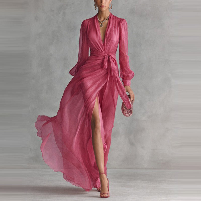 V-Neck Puff Sleeve Tie Waist High Slit Maxi Dress